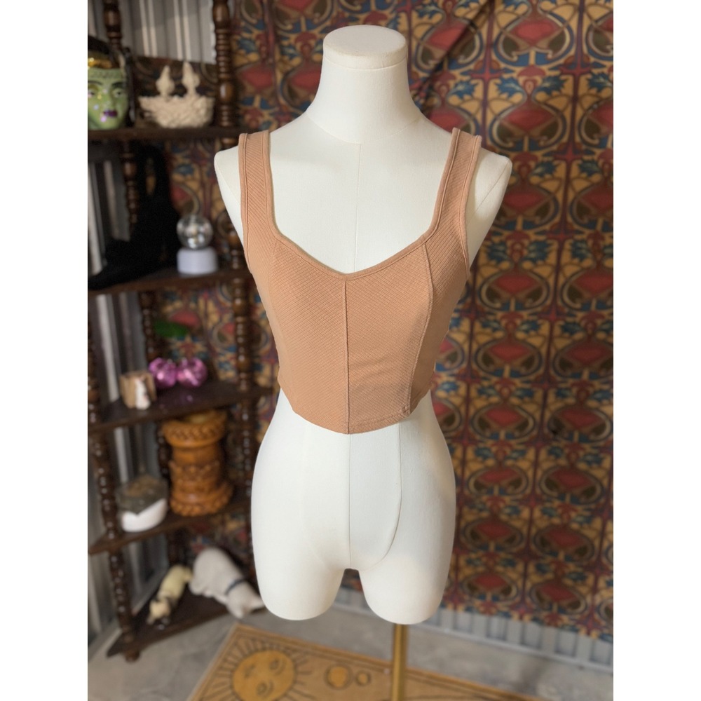 Aerie Ribbed Cropped Tank Top XS Tan Brown Sweetheart Neck Sleeveless